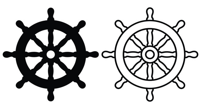Ship wheel illustration with solid and outline versions on a white background