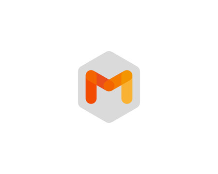 Orange letter M into hexagon logo. Tech innovation and network symbol. Minimalist logotype for IT company, software development, media and startup.