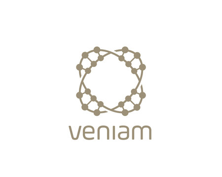Beige tech network and molecular circle logo. Science connectivity and data symbol. Minimalist premium logotype for biotechnology, blockchain, IT platform and research center.
