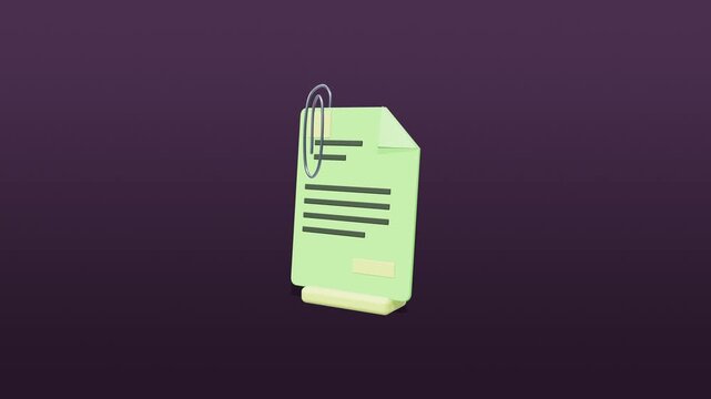 Rendered 3D invoice icon corner gently curling in a smooth 4K seamless loop. The object floats alone on a purple and violet dark gradient backdrop with realistic materials, soft shadow and room for te