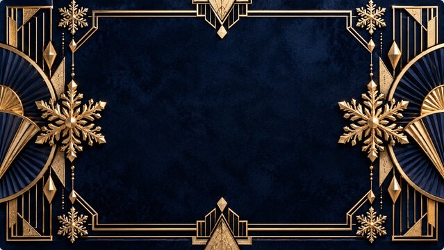 Golden winter snowflakes frame on dark blue textured background with snowflake christmas ornament