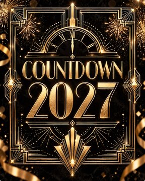 Golden art deco countdown banner for new year 2027 with celebration midnight invitation