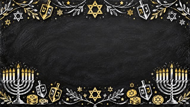 Chalkboard style hanukkah border with menorahs and dreidels