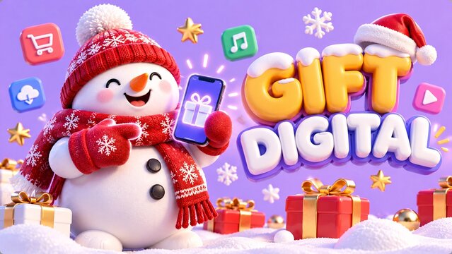 Cheerful snowman holding a digital device with a gift icon in a winter setting technology internet