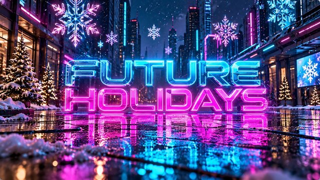 Neon future holidays text sign on a snowy city street at night with glowing snowflakes