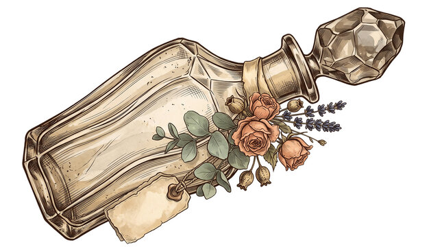Vintage glass perfume bottle with roses and lavender tied with ribbon and tag