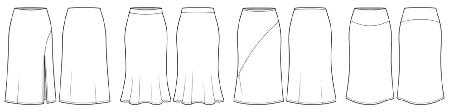 Set of Bias Cut Mermaid Skirts technical fashion illustration with midi length silhouette, flounce hem style. Flat template front back view. Women's CAD mockup