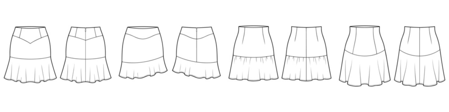 Set of Ruffle Hem Skirts technical fashion illustration with mini lengths silhouette, flounce flared fullness. Flat template front back view. Women CAD mockup