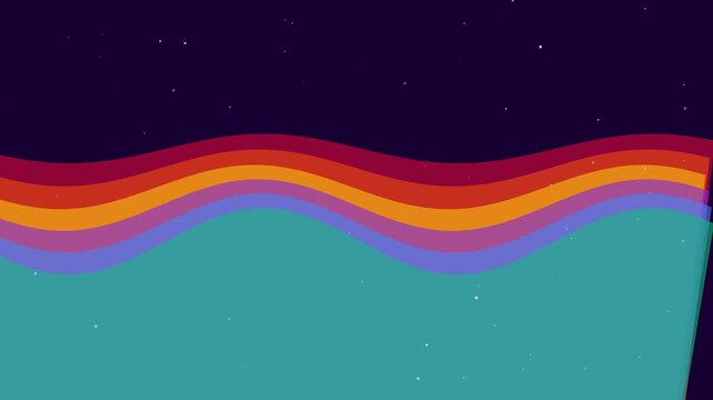 Retro 70s style wavy rainbow background, with starry night, sky animation vintage, waves