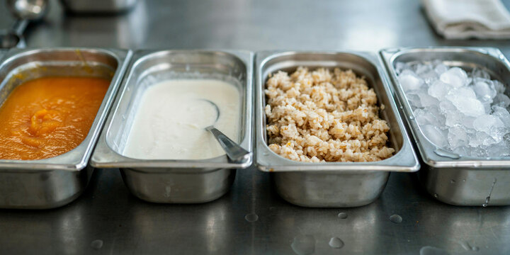 Four stainless steel food pans arranged in a line on a counter, filled with various ingredients including pur&eacute;e, creamy sauce, cooked grains, and crushed ice