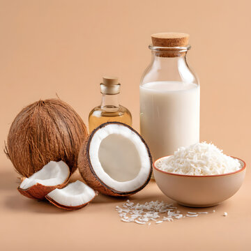 Fresh coconut, coconut milk, shredded coconut, and coconut oil arranged on a beige background. Healthy ingredients for cooking and vegan recipes.