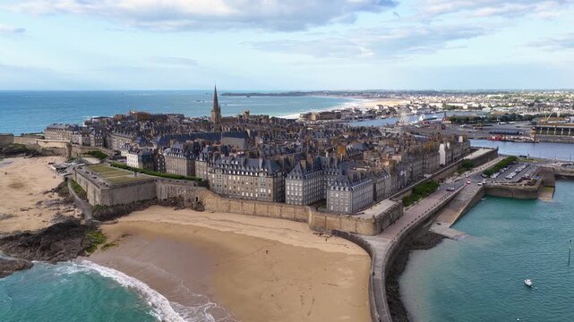 Saint-Malo, Brittany, France, fortified walled port city with sandy beaches, historic ramparts and panoramic harbor views