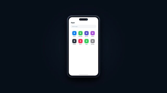 Smartphone mockup with mobile application interface on screen against dark blue background for app design presentation and digital technology UI UX concept.