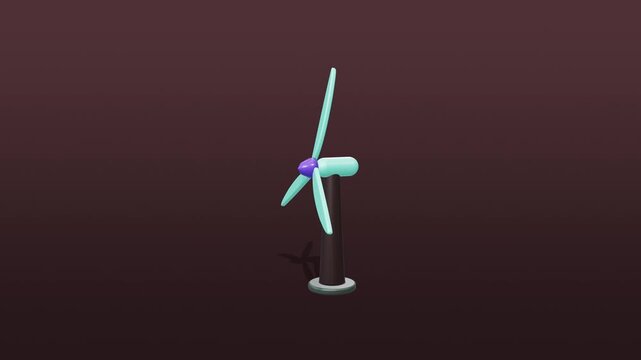 Seamless 4K looping animation of a glossy 3D wind turbine icon, blades spinning, centred on a smooth red and pink dark gradient background with a soft drop shadow and plenty of copy space. Clean studi