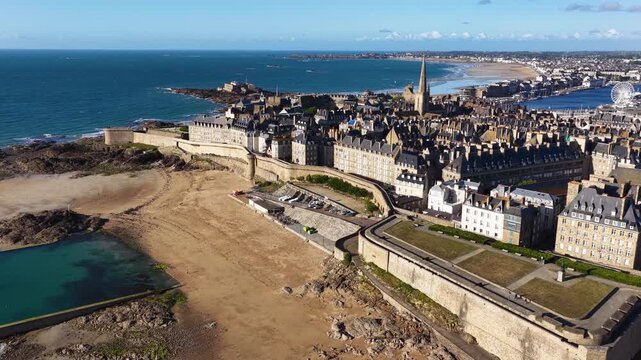 Saint-Malo, Brittany, France, fortified walled port city with sandy beaches, historic ramparts and panoramic harbor views