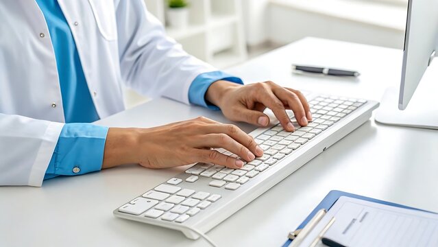 Doctor typing on computer keyboard at desk in medical office for