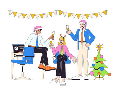 Coworkers toasting drinks at festive Christmas office party 2D vector illustration. Cheerful seasonal team event. Colleagues in Santa hats flat characters on white background. Colorful cartoon image