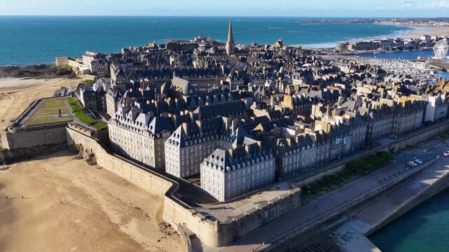 Saint-Malo, Brittany, France, fortified walled port city with sandy beaches, historic ramparts and panoramic harbor views