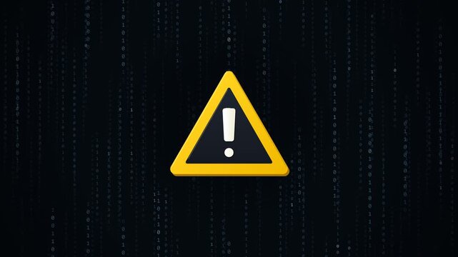 Seamless 8-second looping 4K motion graphic of a bold yellow triangular warning symbol with an exclamation mark pulsing in controlled alert cycles over dark streams of moving binary code. Selected bin