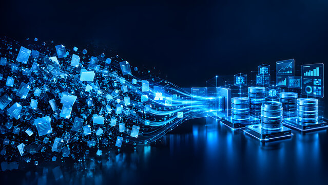 Glowing streams of digital data converge into a narrow network passage, illustrating bandwidth congestion, slow data transmission, network bottlenecks, and information traffic in modern communication 