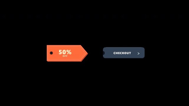 A premium 50% OFF discount label engages a checkout button receiving socket with controlled mechanical impact, trigger compression, single rebound, and mint active state transition.