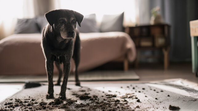 Dog stands on dirty floor in home room after making a mess