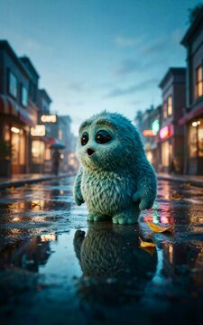 Cute Fluffy Blue Fantasy Creature with Big Eyes on Rainy City Street