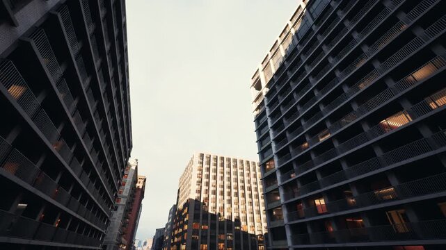 lowangle city skyscrapers under moody sky. Sunlit facades and deep shadows create dramatic vertical perspective. Sequence shows architect sketching rooftop