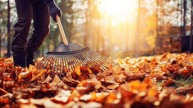Person rakes colorful leaves in a park during autumn at sunset