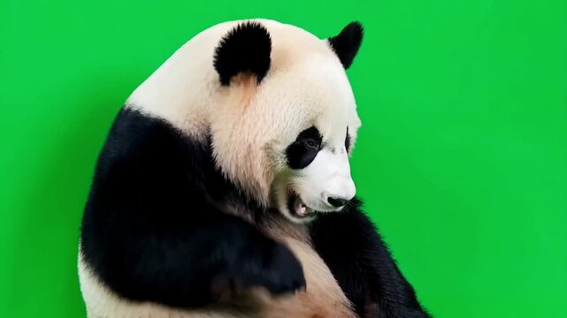 Cute giant panda sitting against a green background covering its face with paws in funny embarrassment