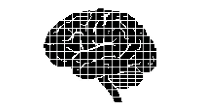 A black and white digital illustration of a human brain silhouette constructed from a grid of square blocks representing complex neural network data processing concepts