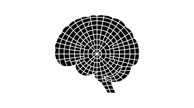 A black and white abstract illustration of a human brain silhouette constructed from a complex geometric grid pattern representing intelligence and cognitive mental health