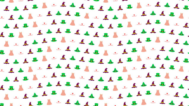 Seamless pattern of witch hats, dresses, and heart icons