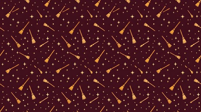 Seamless Pattern of Witch Brooms and Stars on Dark Background