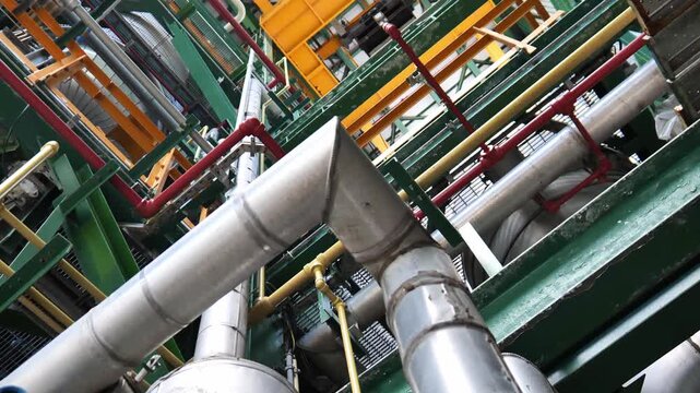 Complex engineering structures in an oil refinery featuring interconnected industrial pipelines, valves and steel frameworks.