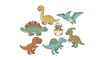 Cute baby dinosaur character collection featuring t-rex stegosaurus brachiosaurus and hatching egg for kids nursery decoration element vector © motiur