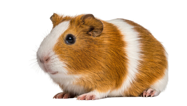 Brown and white guinea pig with soft fur, isolated on transparent background