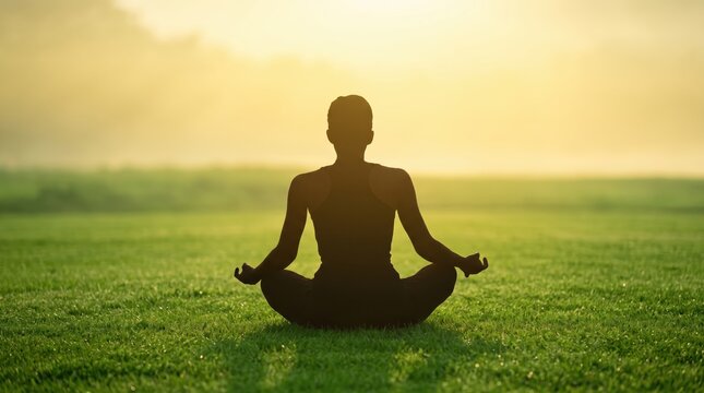 Silhouette of person meditating in lotus position on green grass field during sunrise, mindfulness practice for mental health relaxation and spiritual wellness yoga exercise