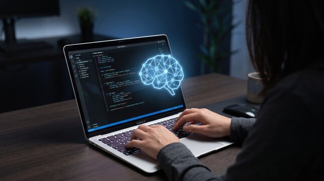 Programmer coding on laptop with artificial intelligence brain hologram display, software development concept, digital technology innovation, neural network visualization