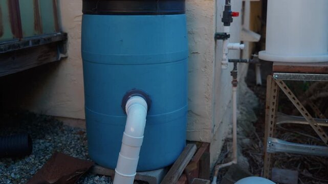 Camera rises along a blue rain barrel filling from a roof gutter downspout