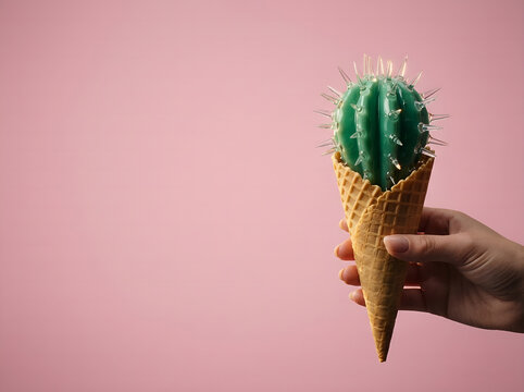 Cono de helado con cactus de jade y espinas de cristal sobre fondo rosa, concepto creativo de postres surrealistas y frescura ex&oacute;tica