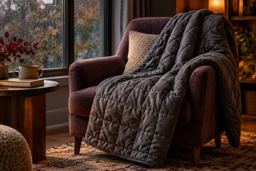Naklejka premium Weighted Blanket on an Empty Reading Chair