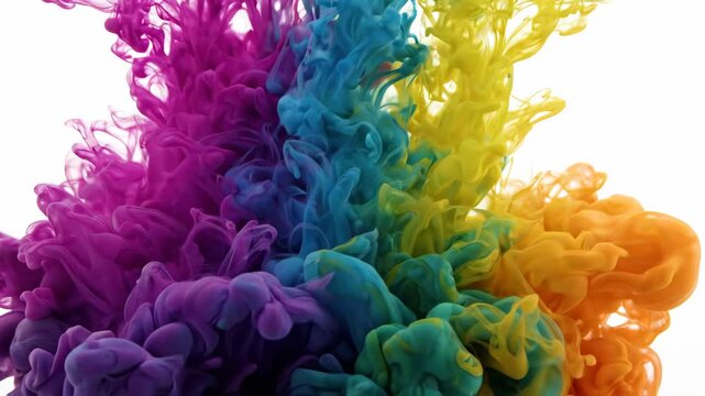 Vibrant colorful ink plumes mixing in water, creating an abstract art.