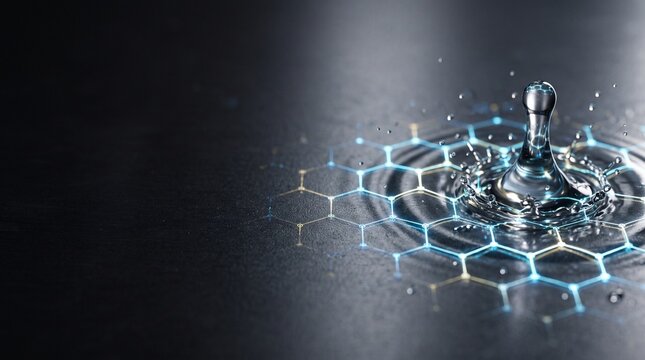 Macro shot of water drop creating glowing blockchain hexagonal grid ripples on dark surface