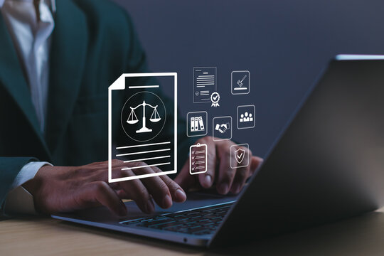 businessman demonstrates compliance with legal requirements through a virtual interface, concepts of governance, risk management, audit processes, regulations and corporate policy control