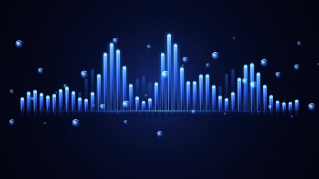 Commercial 3D audio spectrum equalizer background featuring dynamic pink neon glowing frequency pillars, holographic spheres, and harmonic wave physics. Seamless 10-second loop ideal for music visuali