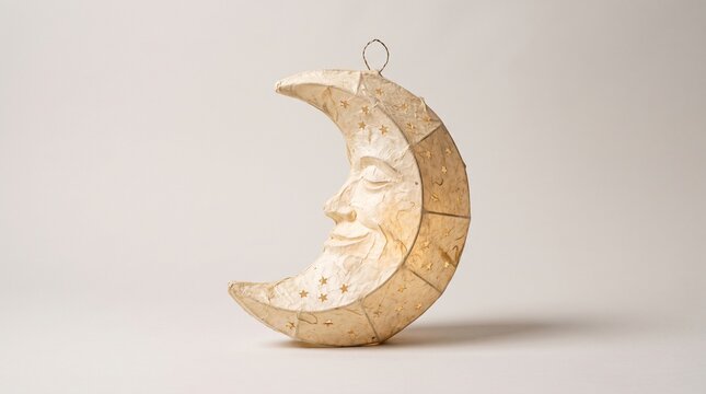 Ivory crescent moon face ornament in a vintage textured style