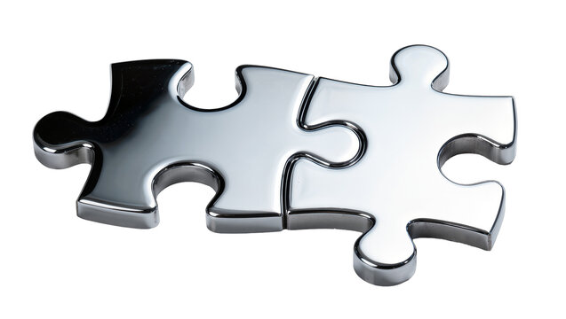 Two metallic puzzle pieces one chrome and one white, interlocked isolated on transparent background