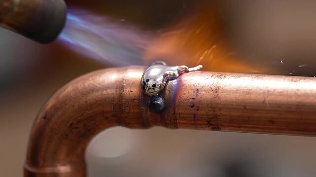 Torch brazing copper pipe joint with filler metal. Plumbing repair and metalworking. Gas welding, pipe fitting and soldering technique. Industrial craftsmanship.