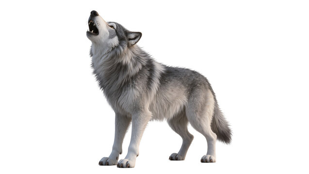 Gray wolf howling with mouth open, isolated on transparent background